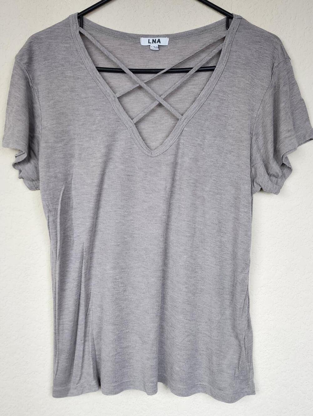 LNA Women's Gray Modal Polyester V-Neck Short Sleeve Top, M